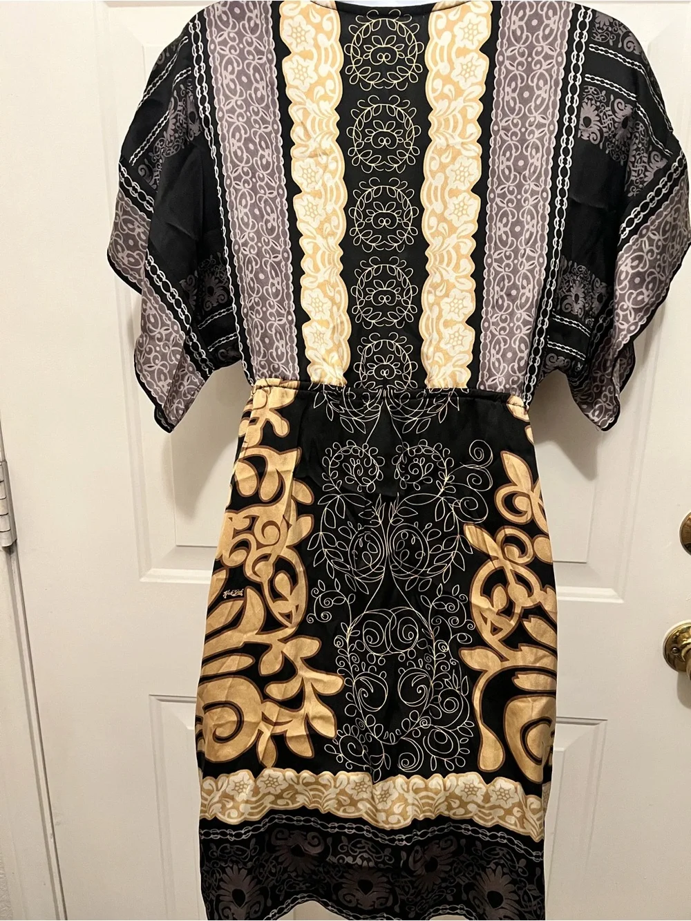 Silk Black & Gold V-Neck Patterned Tunic Dress - Picture 3 of 3